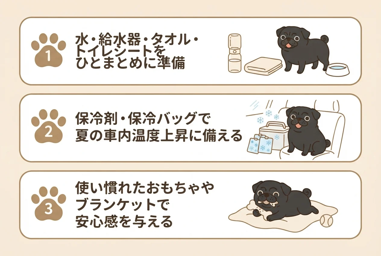 車でのお出かけに持っていきたい3つの持ち物のポイントを示した図解