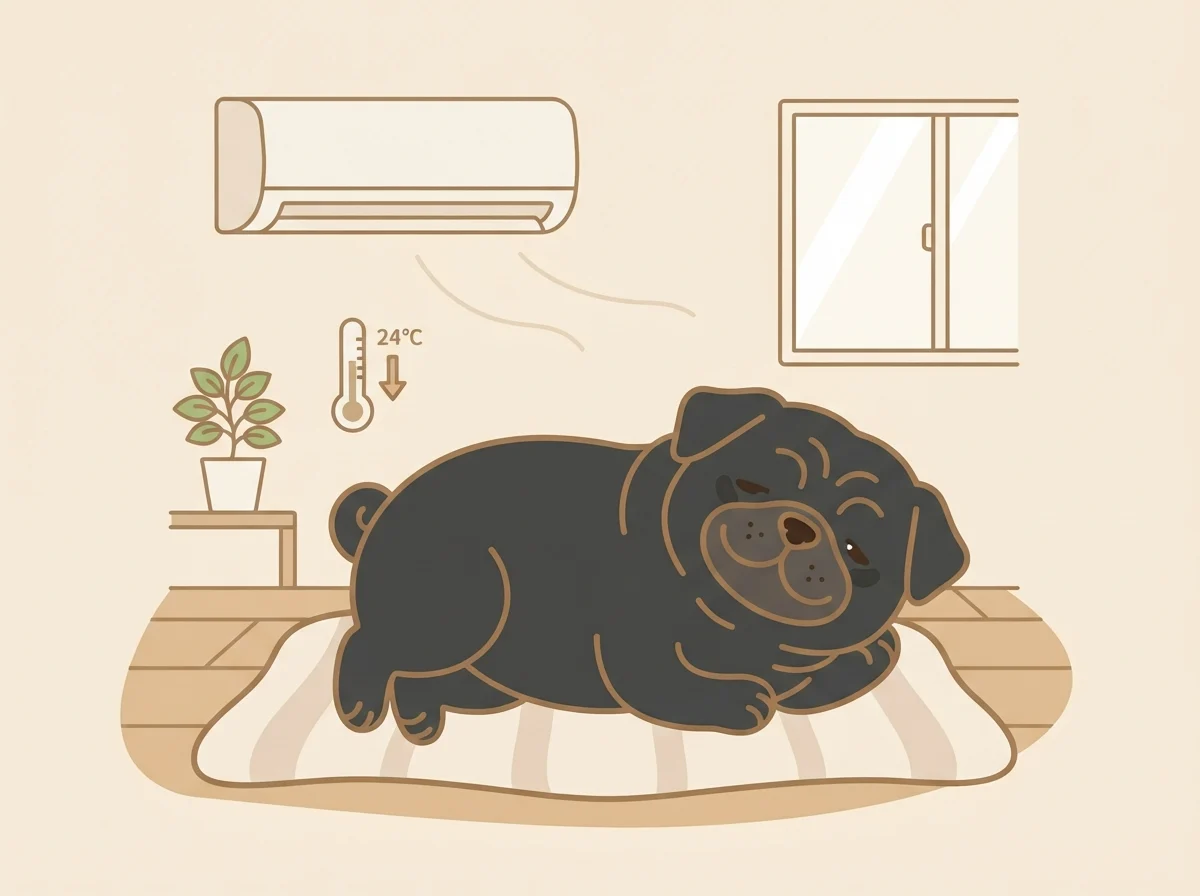 エアコンの効いた涼しい室内でくつろぐパグ。短頭種に共通する温度管理の配慮を表すイラスト