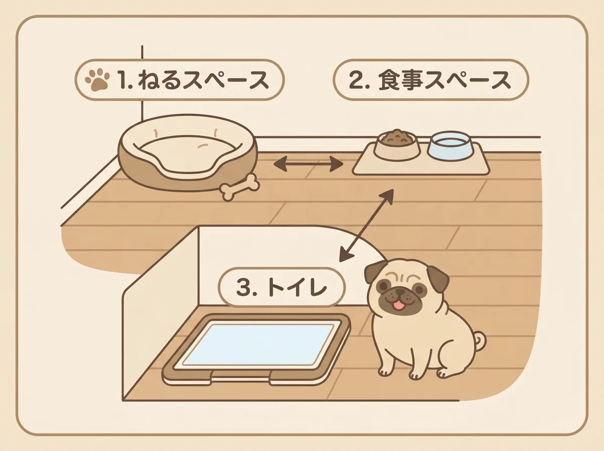 パグのトイレの設置場所を決めるときの工夫（生活動線・落ち着ける場所）を示した図解