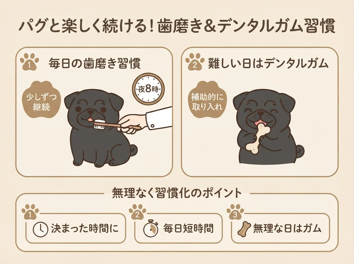 歯磨きを毎日の習慣にするための工夫(決まった時間・デンタルガム活用)を示した図解