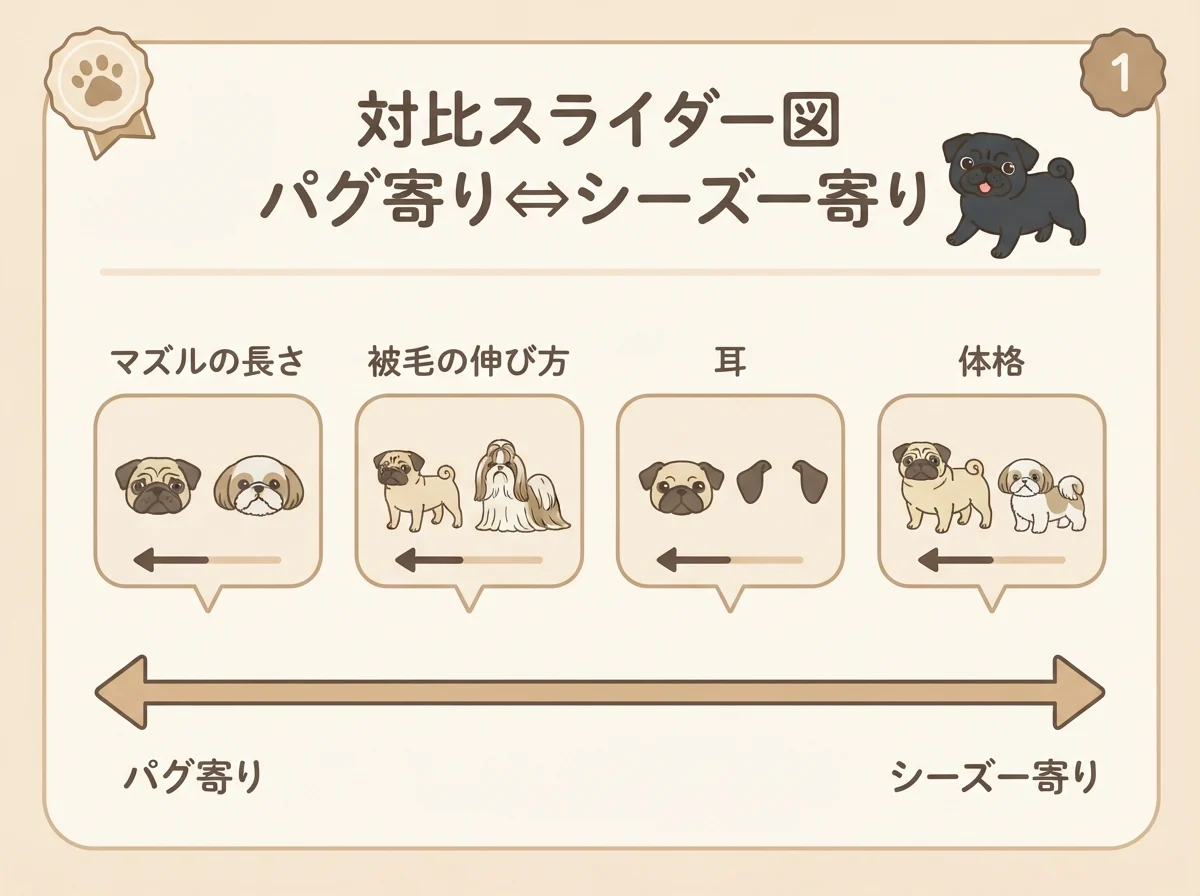 シーズーとパグのミックス犬がどちらの親に似ているかを観察する4つのポイントを示した図解です。