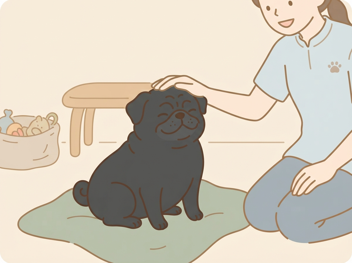 預け先のスタッフに撫でられて落ち着いているパグの様子
