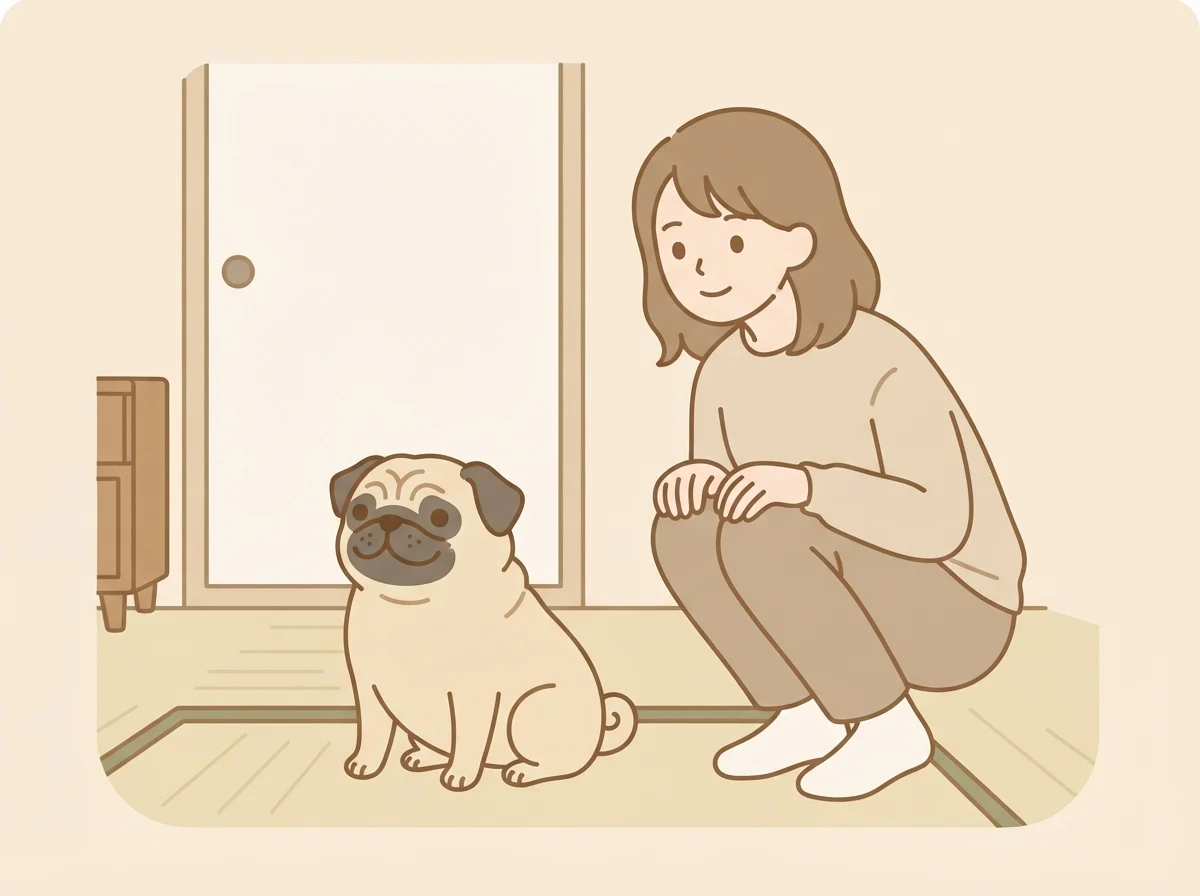 パグと同じ目線の高さで部屋を見回して危険がないかチェックする飼い主とパグの様子です。