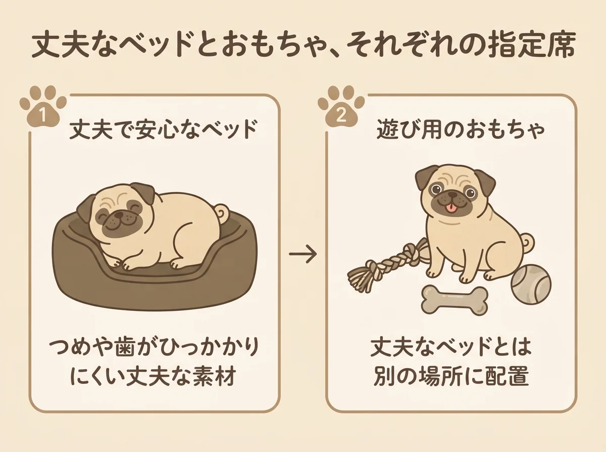 誤飲・かじり癖対策として丈夫な生地のベッドとおもちゃを分けて置く様子を示した図解