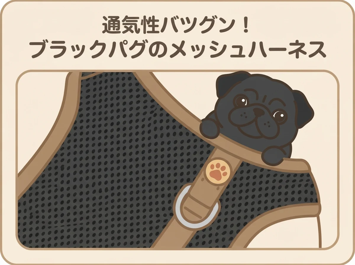 メッシュ素材のハーネスは通気性が高く、夏場も蒸れにくいことを示す図解