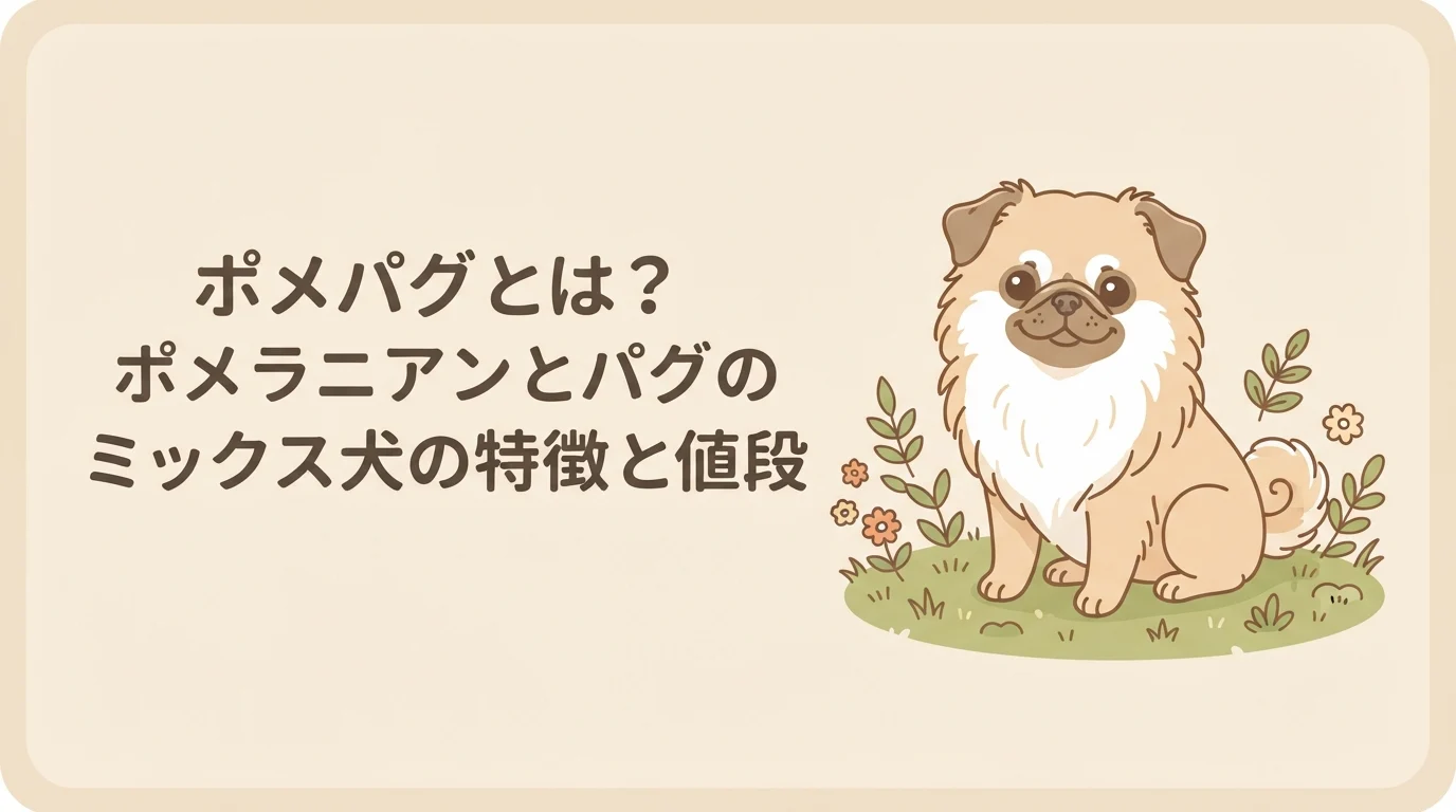 ポメラニアンのようなふさふさした被毛とパグの鼻ぺちゃな顔立ちをあわせ持つミックス犬が芝生でこちらを見ている様子
