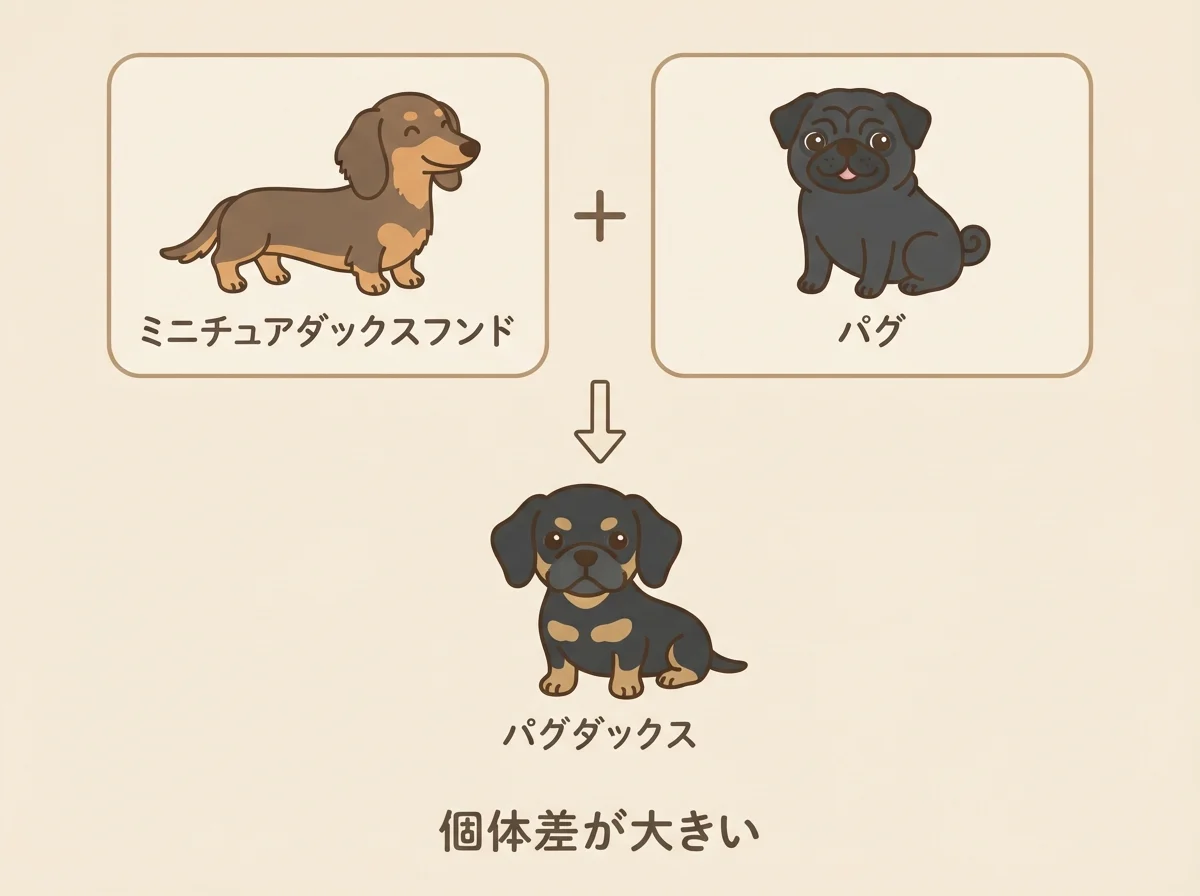 ミニチュアダックスフンドとパグを掛け合わせたミックス犬がパグダックスとよばれることを示した図解です。