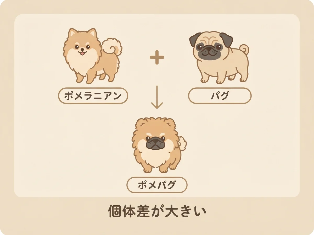 ポメラニアンとパグを掛け合わせたミックス犬がポメパグとよばれることを示した図解です。
