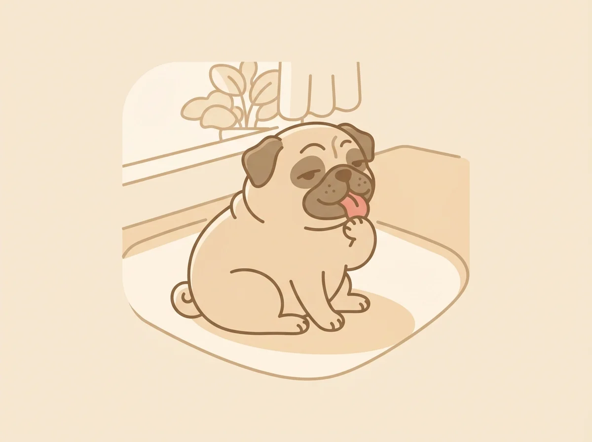 日だまりでくつろぎながら毛づくろいされているパグ