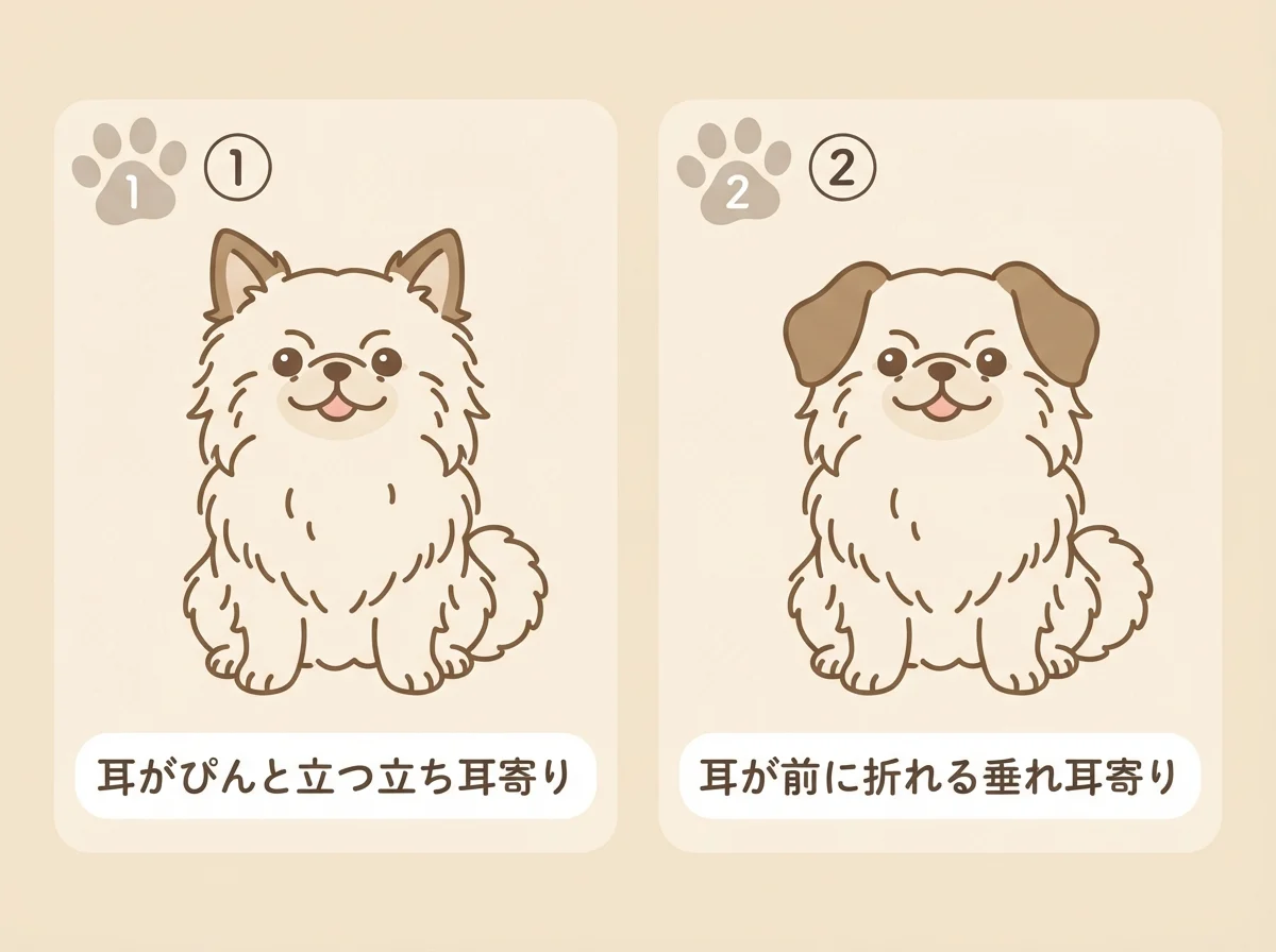 ポメパグの見た目が立ち耳寄りと垂れ耳寄りに分かれることを示した図解です。