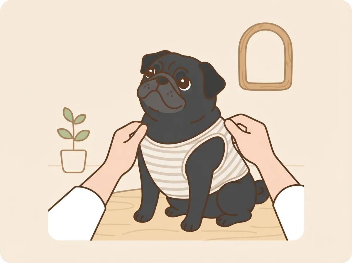 季節の変わり目に薄手の服を着せてもらっているパグ