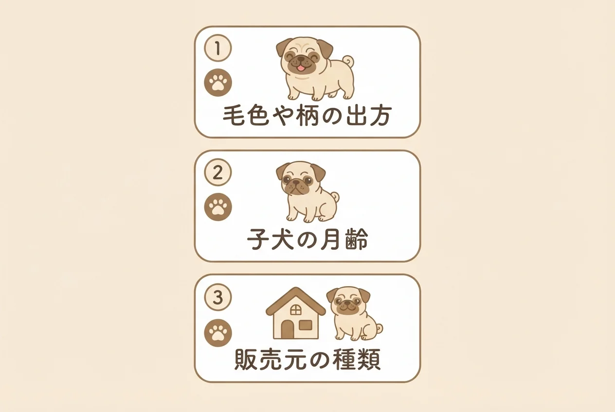 パグダックスの値段が変わる主な要因として毛色や柄、月齢、販売元の3つを示した図解です。