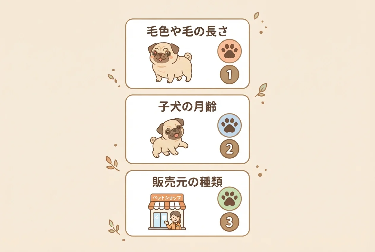 ポメパグの値段が変わる主な要因として毛色や毛の長さ、月齢、販売元の3つを示した図解です。
