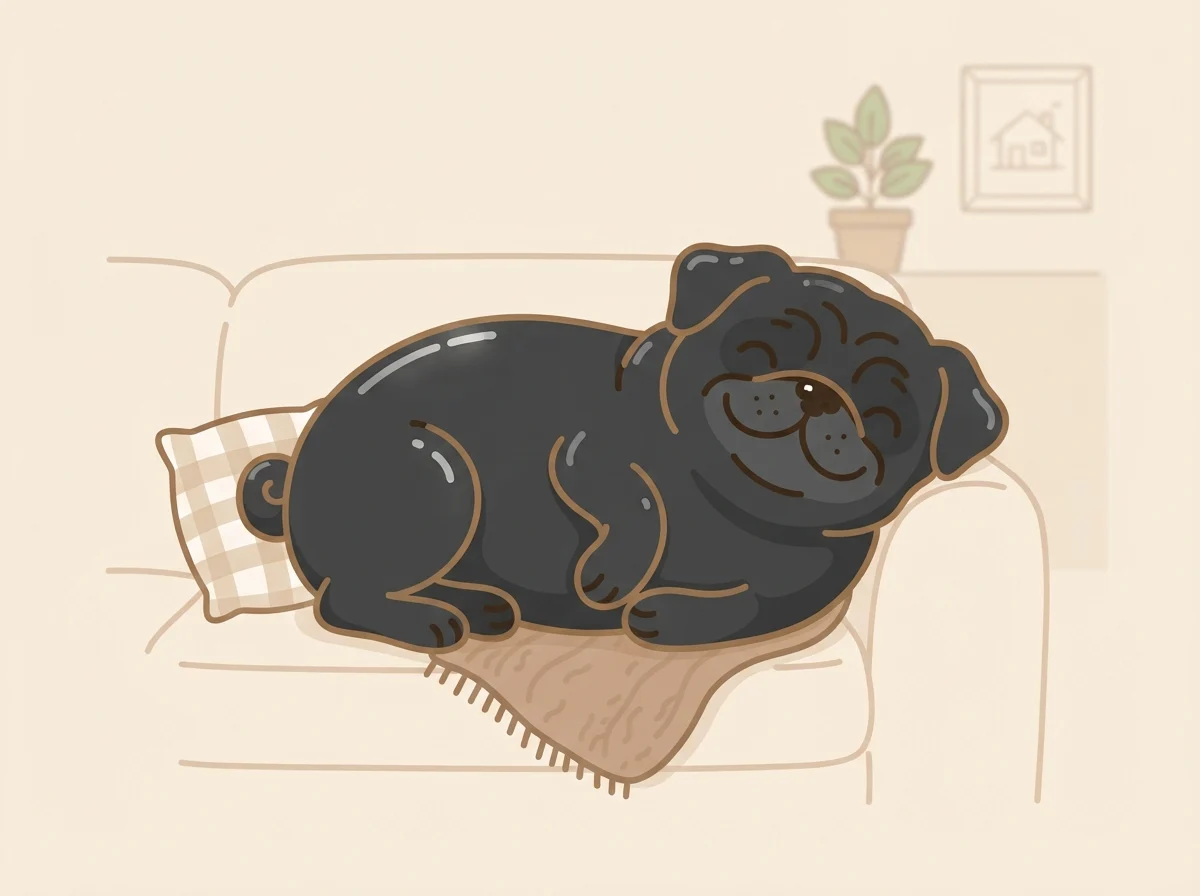 艶のある被毛でくつろいでいる黒パグ