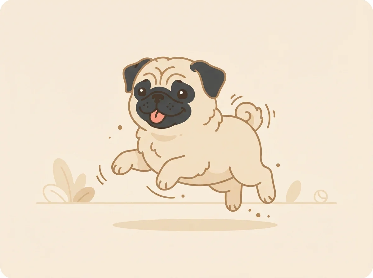 ふわふわの被毛で遊んでいる子犬のパグ