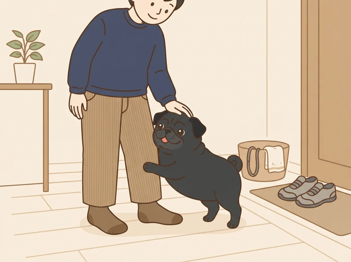 飼い主のそばで様子を見守られているパグ