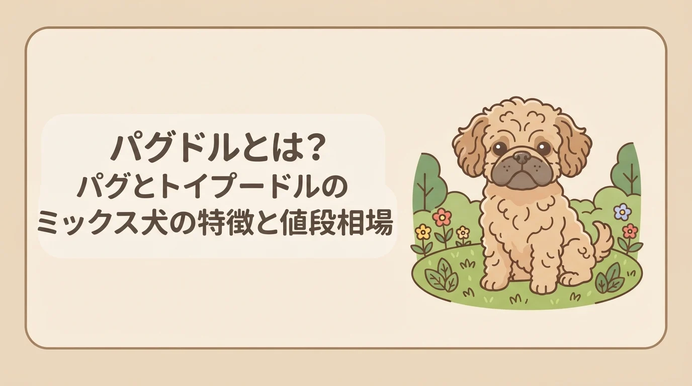 ゆるく波打った巻き毛と鼻ぺちゃな顔立ちをあわせ持つ小型のミックス犬が芝生でこちらを見ている様子