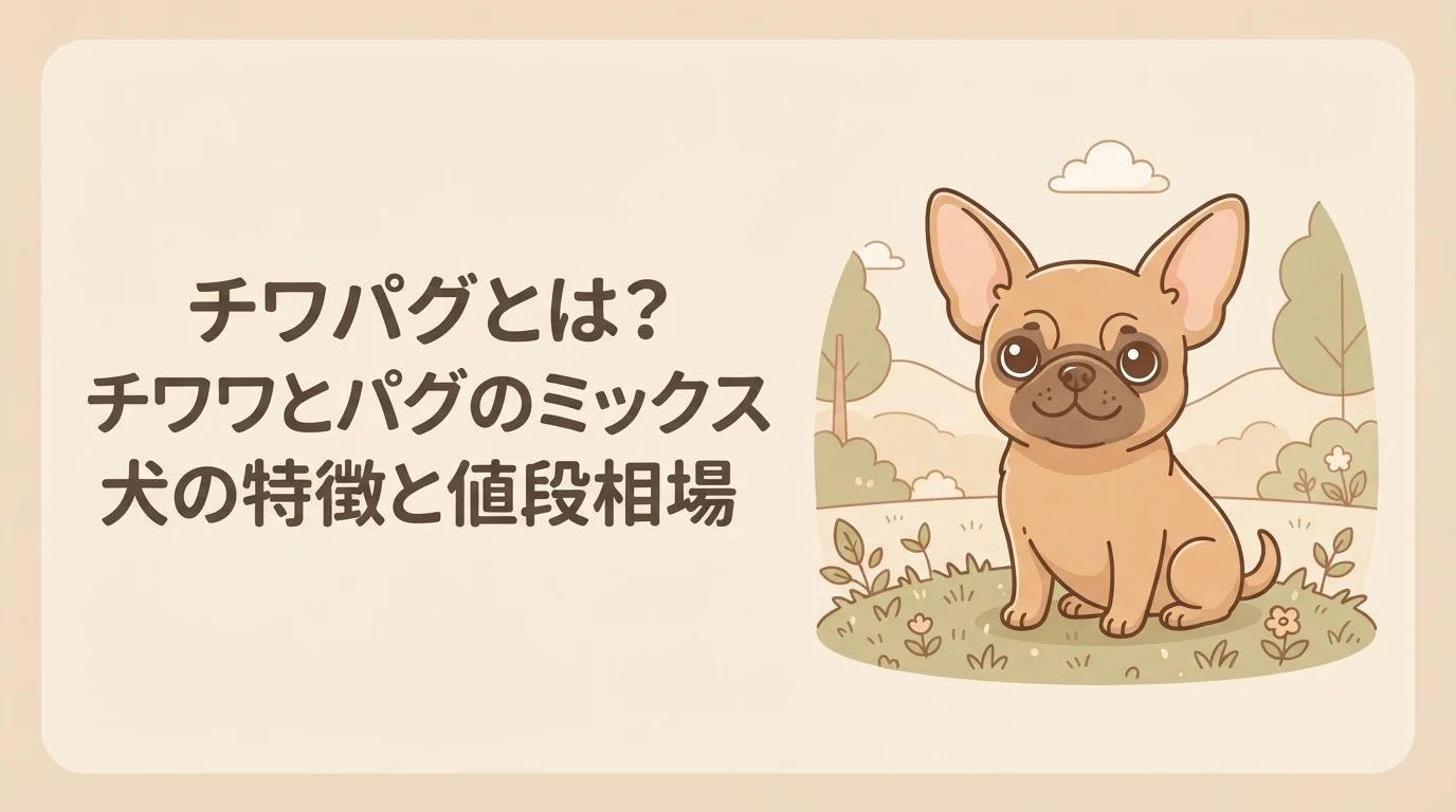 大きな立ち耳と鼻ぺちゃな顔立ちをあわせ持つ小柄なミックス犬が芝生でこちらを見ている様子