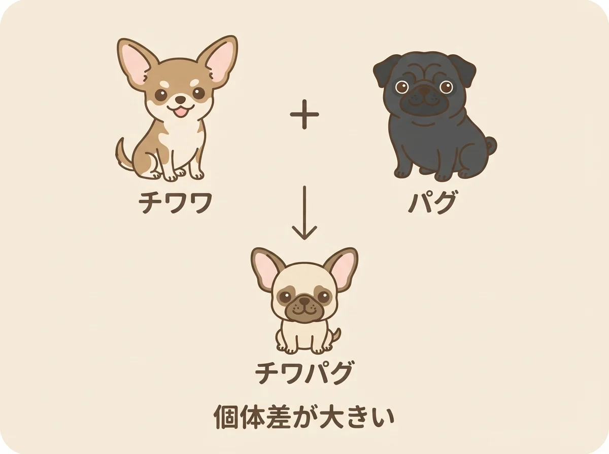 チワワとパグを掛け合わせたミックス犬がチワパグとよばれることを示した図解です。
