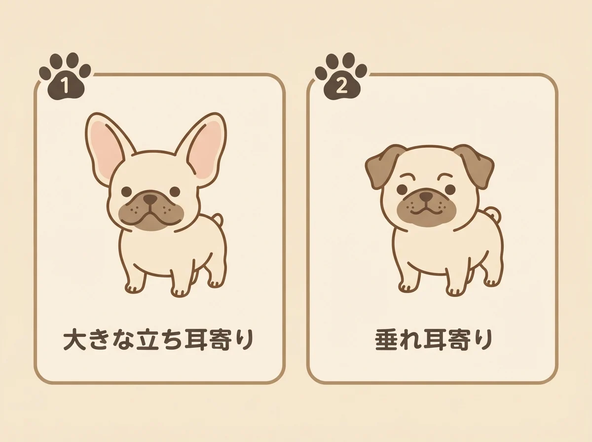 チワパグの見た目が立ち耳寄りと垂れ耳寄りに分かれることを示した図解です。