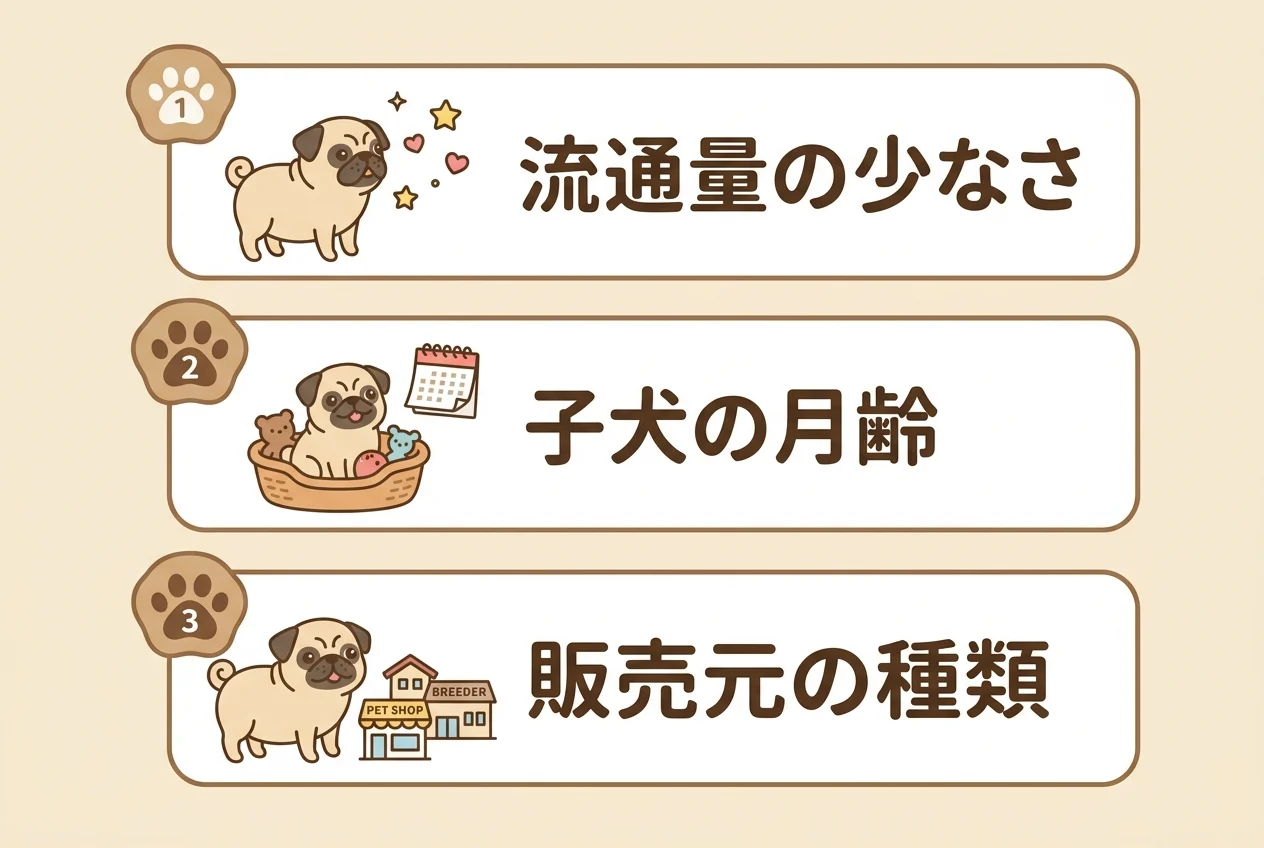 チワパグの値段が変わる主な要因として流通量と月齢、販売元の3つを示した図解です。