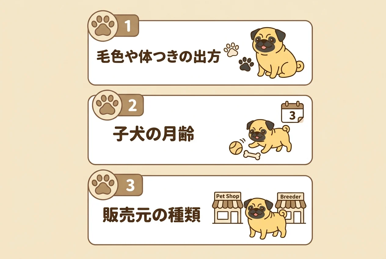 柴パグの値段が変わる主な要因として毛色や体つきの出方、月齢、販売元の3つを示した図解です。