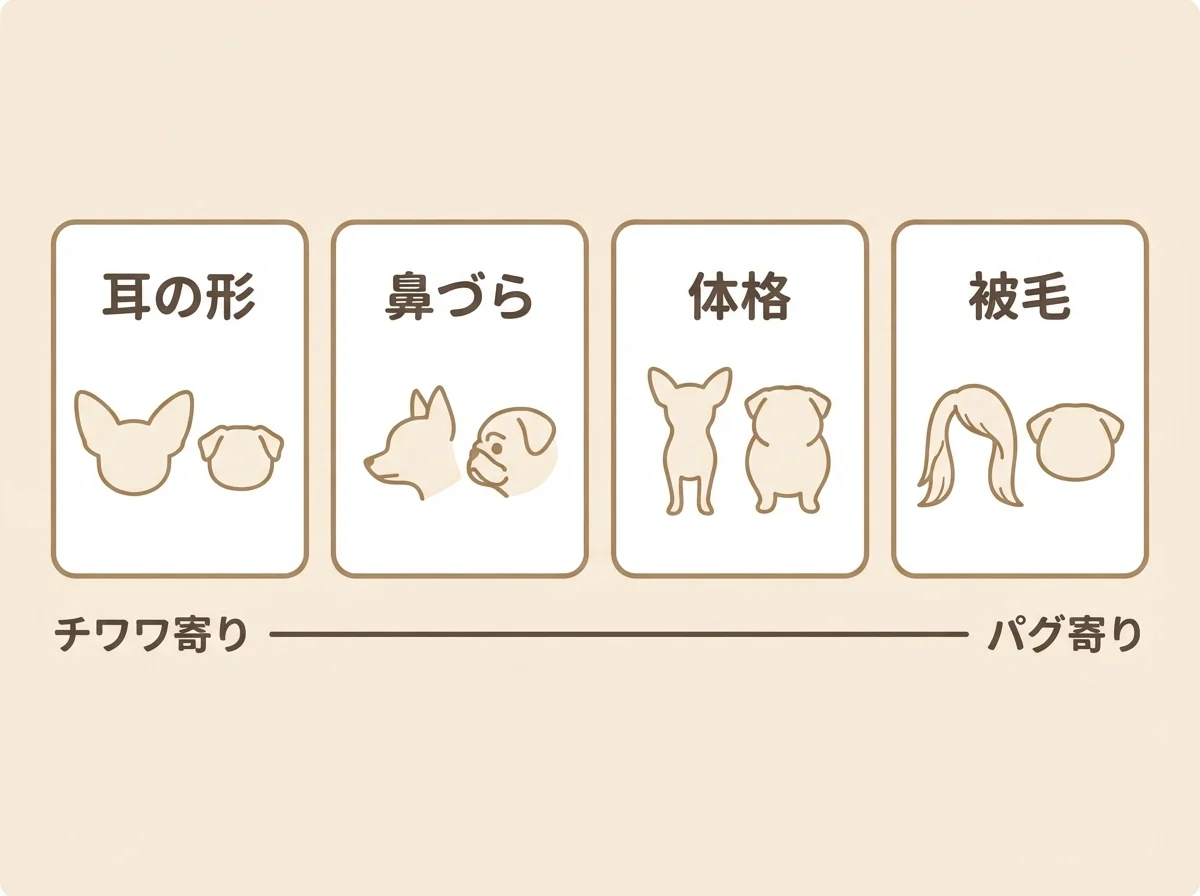 チワパグがどちらの親に似ているかを耳や鼻づら、体格、被毛の4点から見分ける観察ポイントの図解です。
