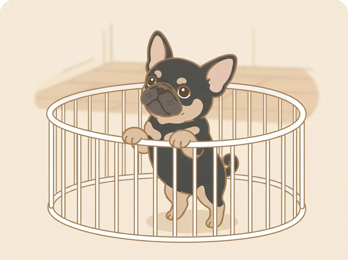 サークルの中から前足をかけて外を見上げているチワパグの子犬の様子です。