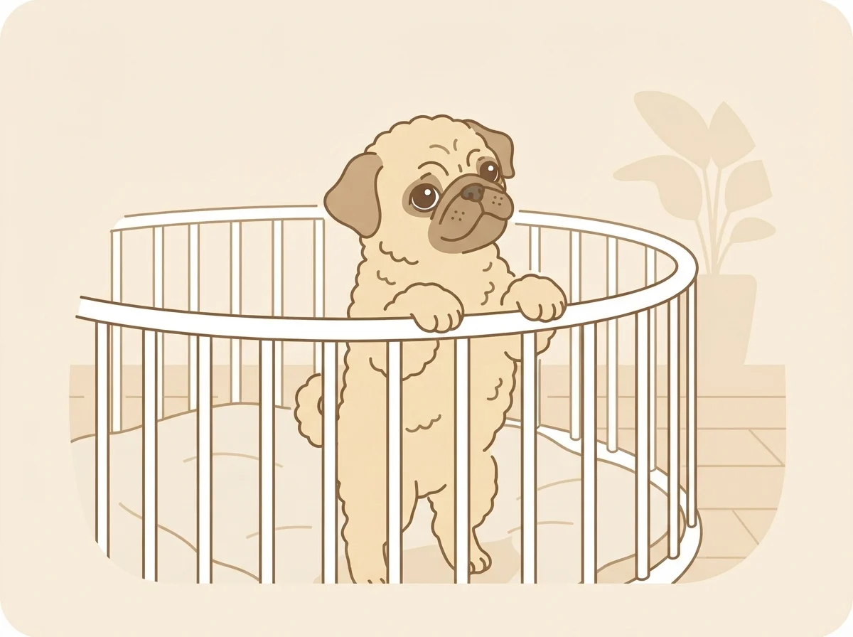 サークルの中から前足をかけて外を見上げているパグドルの子犬の様子です。