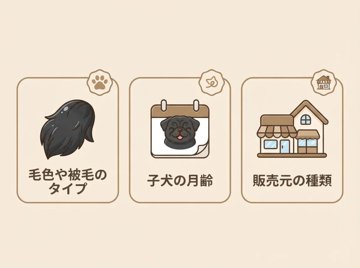 シーパグの値段が変わる主な要因として毛色や被毛のタイプ、月齢、販売元の3つを示した図解です。